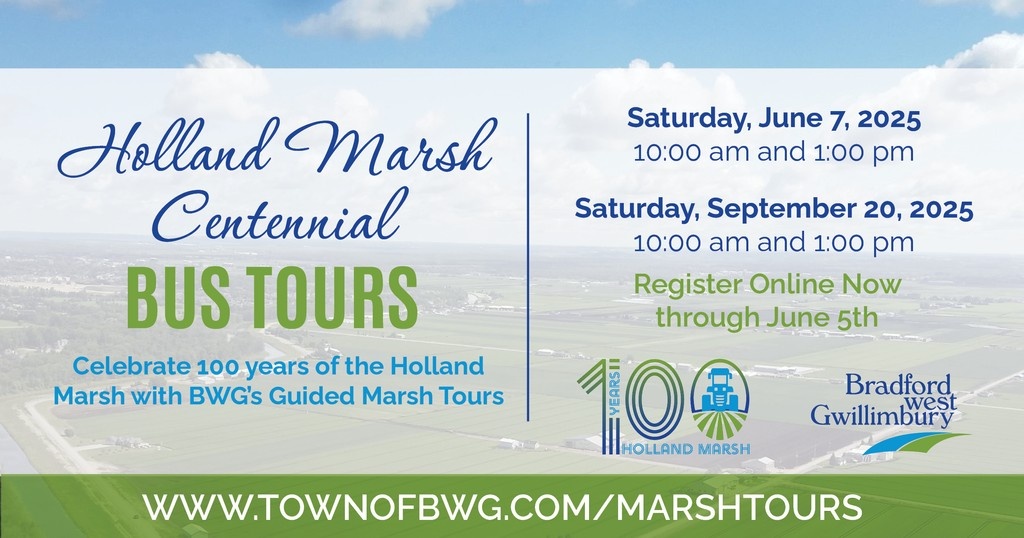 Celebrate 100 years of the Holland Marsh with a guided bus tour 🚍🌱

Explore the Marsh's rich history, innovation, and agriculture with an immersive Marsh Tour experience.

To learn more and to register, visit townofbwg.com/marshtours

#HollandMarsh100 #HollandMarshCentennial