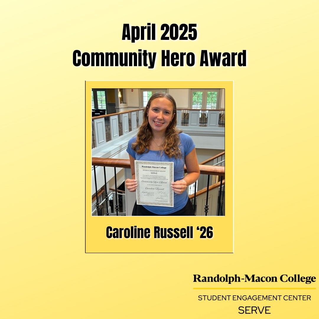 Caroline Russell '26, is the April 2025 winner of the SERVE Community Hero Award. Congrats to her on a job well done this past month!!