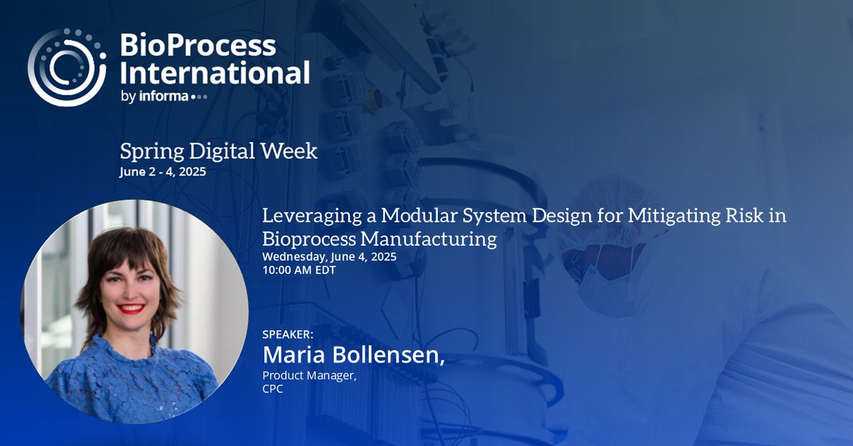 Are you ready to leverage a modular system to mitigate risks in your bioprocess manufacturing?  Join us at the BioProcess International Spring Digital Week, on Thursday, June 4th at 9AM CDT to learn more. ow.ly/6ZoI50VNfJS 
#BPISpringDigitalWeek #Bioprocessing #Biotech