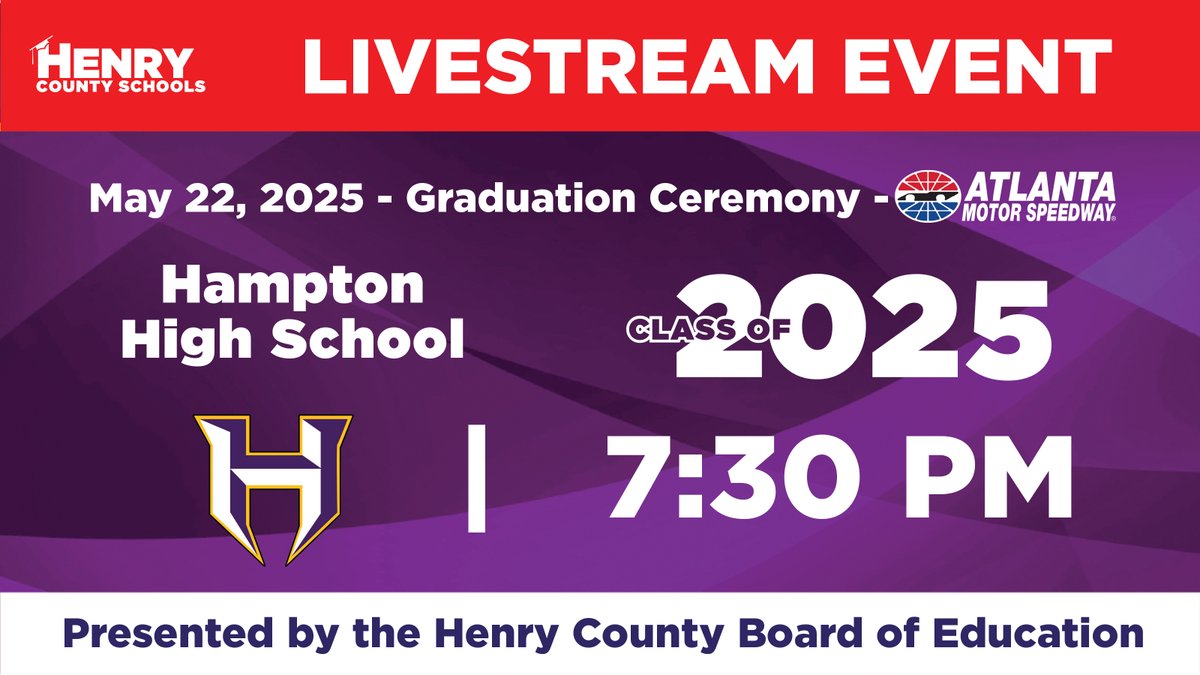 Hampton High School closes out HCS graduation season at Atlanta Motor Speedway on Thursday at 7:30 p.m. For those unable to celebrate the Class of 2025 in person, follow along via livestream at the link below.
🎥:  youtube.com/live/NG89uA5yL…
#WinningforKids #HenryProud