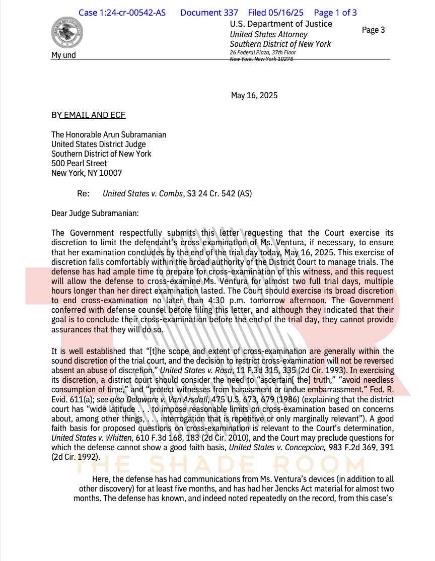 TheShadeRoom's tweet photo. Filibuster in the Courtroom?

#TSRTrialWatch A day after an attorney for Combs claimed that prosecutors purposely delayed calling Cassie to testify so that the defense would have less time to cross-examine her, prosecutors shot back in a letter to the judge overnight.

Read the full letter here: https://t.co/XhdZEOZWrC