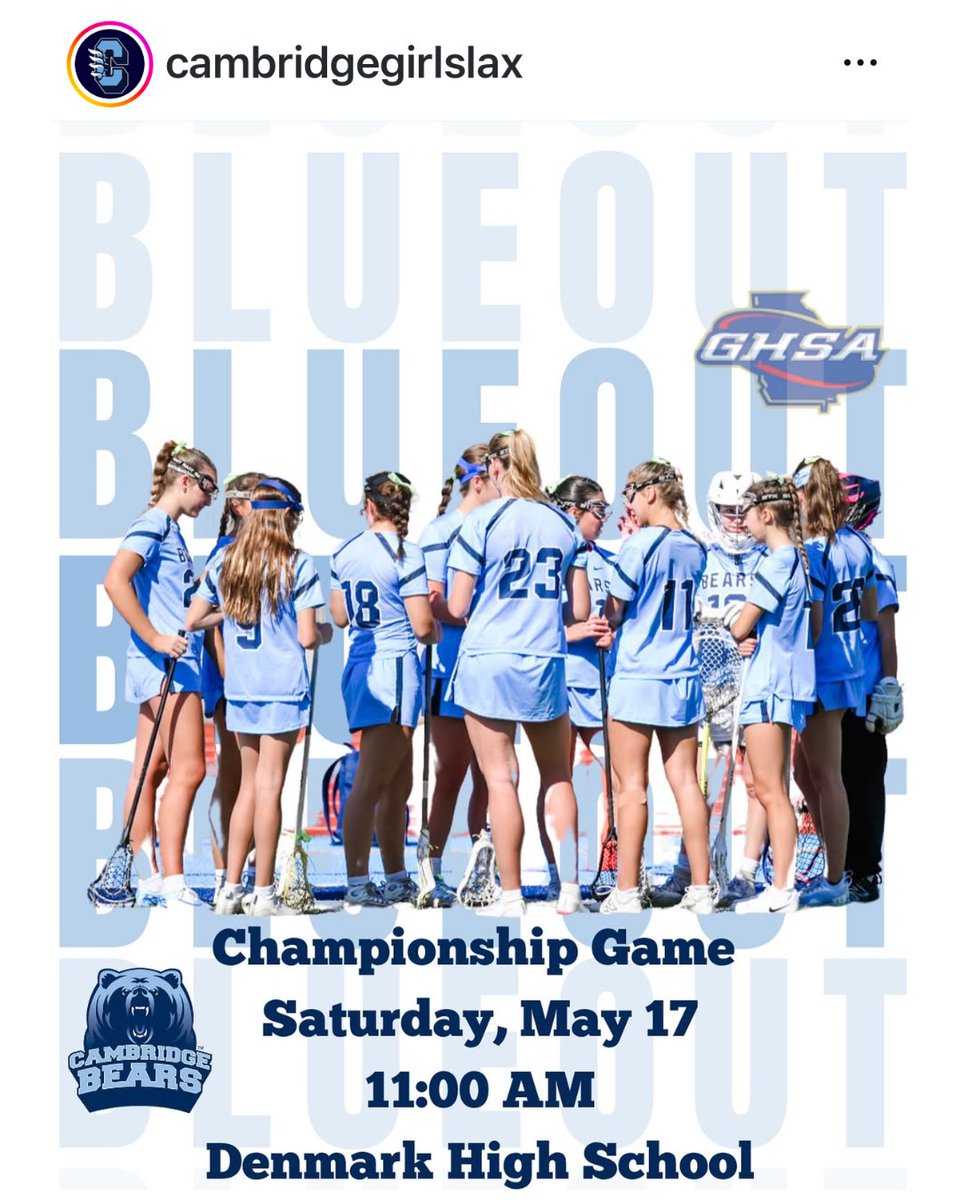 💙 BLUE OUT 💙 For the 2nd year in a row, Cambridge Girls LAX heads to the STATE CHAMPIONSHIP to defend their title! LET'S GO BEARS! 🐻 @cambridgegirlslax