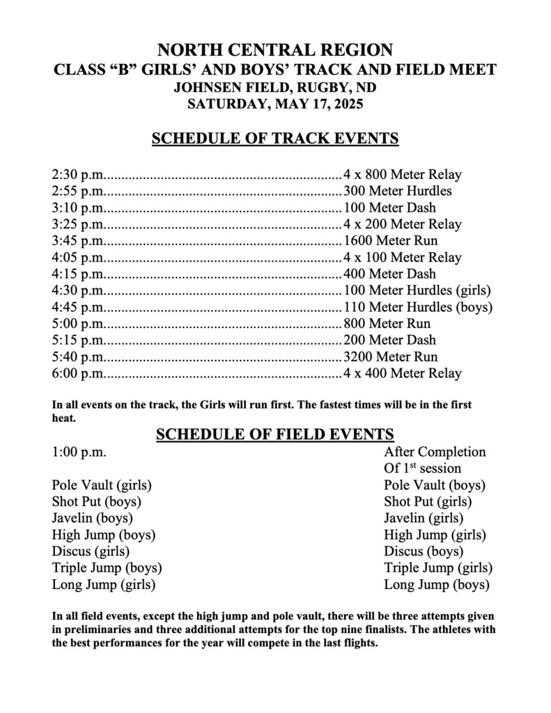 Also here is a schedule of events for the Regional Track Meet thanks!