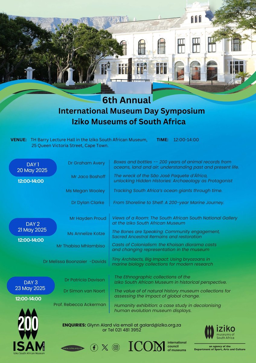 Join us for Iziko’s 6th Annual International Museum Day Symposium!

📅 20–22 May 2025 | 12–2 PM

Three days of talks &amp; discussions with experts about how museums shape our communities and their future.

🌍🔍

 #ISAM200 #IMD2025 #IzikoMuseums