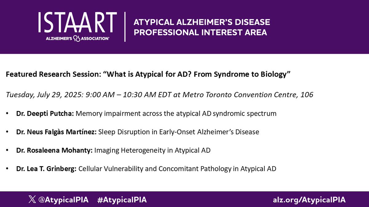 Atypical Alzheimer's Disease PIA (@atypicalpia) on Twitter photo 📢We are excited to announce the lineup for the <a href="/AtypicalPIA/">Atypical Alzheimer's Disease PIA</a> Featured Research Symposium at #AAIC25 on July 29!
🗓️Mark your calendars to join us in person or online with <a href="/RikOssenkoppele/">RikOssenkoppele</a> <a href="/KeirYong/">Keir Yong</a> <a href="/BaaylaB/">Baayla DC Boon</a> <a href="/Colin__Groot/">Colin Groot</a> <a href="/NeusFalgas/">Neus Falgàs</a> <a href="/grinberg_t/">Lea T. Grinberg, M.D, Ph.D</a> <a href="/Rosaleena_M/">Rosaleena Mohanty</a> and Dr. Putcha. 📢We are excited to announce the lineup for the <a href="/AtypicalPIA/">Atypical Alzheimer's Disease PIA</a> Featured Research Symposium at #AAIC25 on July 29!
🗓️Mark your calendars to join us in person or online with <a href="/RikOssenkoppele/">RikOssenkoppele</a> <a href="/KeirYong/">Keir Yong</a> <a href="/BaaylaB/">Baayla DC Boon</a> <a href="/Colin__Groot/">Colin Groot</a> <a href="/NeusFalgas/">Neus Falgàs</a> <a href="/grinberg_t/">Lea T. Grinberg, M.D, Ph.D</a> <a href="/Rosaleena_M/">Rosaleena Mohanty</a> and Dr. Putcha.