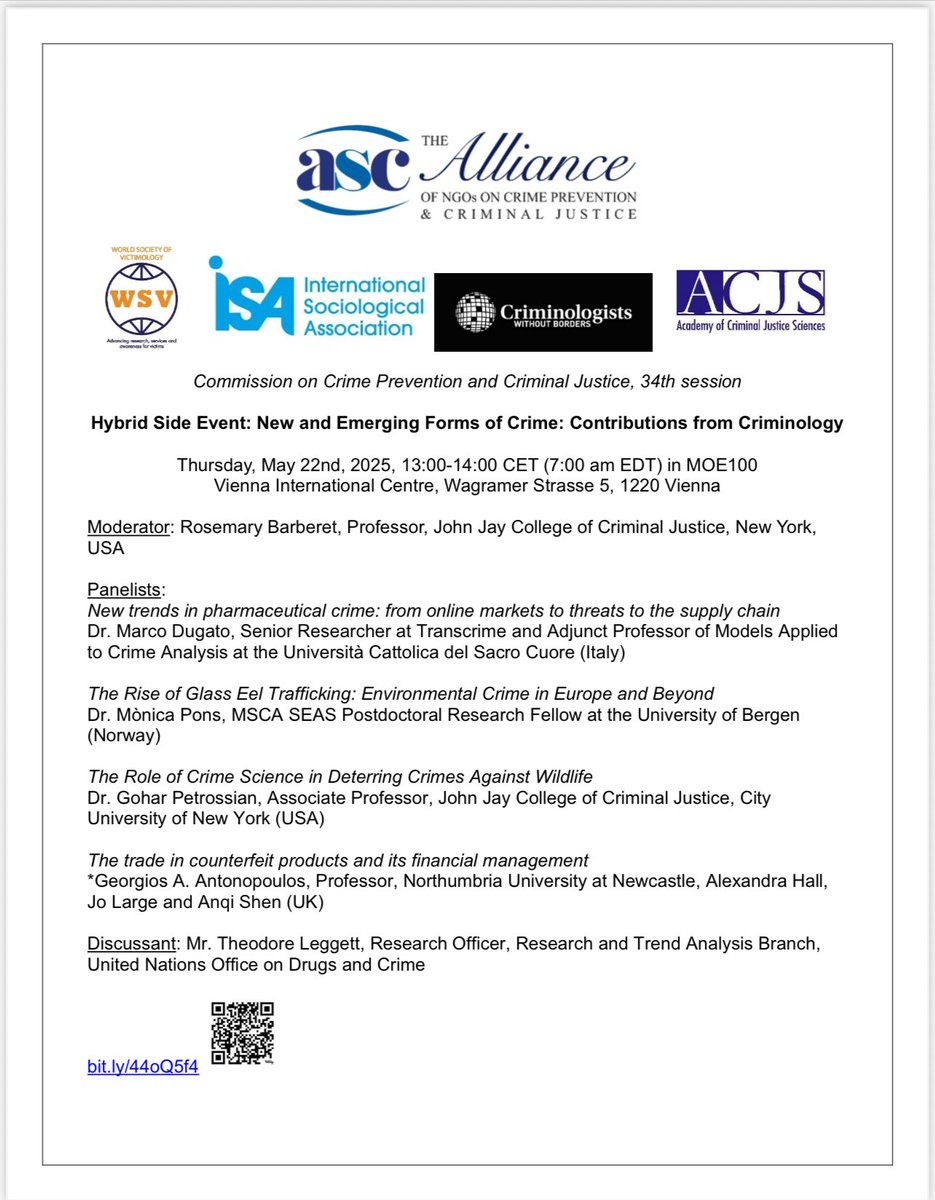 ASCRM41's tweet image. Upcoming hybrid side event @CCPCJ on new and emerging forms of crime. Don’t miss it! May 22 13:00 CET 7:00 EDT