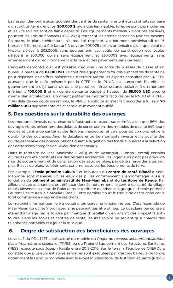 StanysBujakera's tweet photo. PDL 145 T en #RDC: 672 millions usd du FMI, opportunité de développement ou enrichissement illicite? Voici ce que note le rapport du Centre de Recherche en Finances Publiques et Développement Local 👇

📌 Le taux de livraison des ouvrages effectués par le PNUD dans la province du Kasaï se situe à 0%. Alors que le Gouvernement a versé la totalité des fonds à cette agence onusienne avec un supplément de 70 millions USD.

📌 99% des centres de santé livrés au
gouvernement congolais ne disposent pas d'équipements médicaux

📌 les Lois de finances 2022-2023 ont
alloué les prévisions de l’ordre de de 371,6 millions $. De son côté, le gouvernement a
affecté 675 millions $ des DTS aux dépenses du volet 1 du PDL-145T, d’après les données du Ministère du Budget. Alors que les prévisions de cette première phase se situaient à 511 millions$. Malgré ce paiement en dépassement, les rapports de reddition des comptes 2022-2023 ne retracent qu’un décaissement de 9,9 millions $, contre le montant total payé de 675 millions$, soit 2,6%.