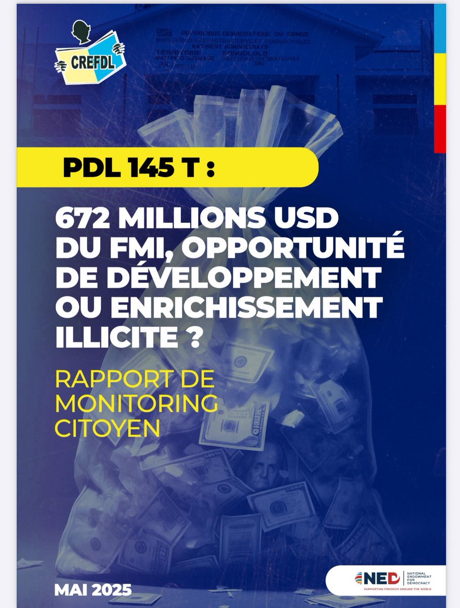 StanysBujakera's tweet photo. PDL 145 T en #RDC: 672 millions usd du FMI, opportunité de développement ou enrichissement illicite? Voici ce que note le rapport du Centre de Recherche en Finances Publiques et Développement Local 👇

📌 Le taux de livraison des ouvrages effectués par le PNUD dans la province du Kasaï se situe à 0%. Alors que le Gouvernement a versé la totalité des fonds à cette agence onusienne avec un supplément de 70 millions USD.

📌 99% des centres de santé livrés au
gouvernement congolais ne disposent pas d'équipements médicaux

📌 les Lois de finances 2022-2023 ont
alloué les prévisions de l’ordre de de 371,6 millions $. De son côté, le gouvernement a
affecté 675 millions $ des DTS aux dépenses du volet 1 du PDL-145T, d’après les données du Ministère du Budget. Alors que les prévisions de cette première phase se situaient à 511 millions$. Malgré ce paiement en dépassement, les rapports de reddition des comptes 2022-2023 ne retracent qu’un décaissement de 9,9 millions $, contre le montant total payé de 675 millions$, soit 2,6%.