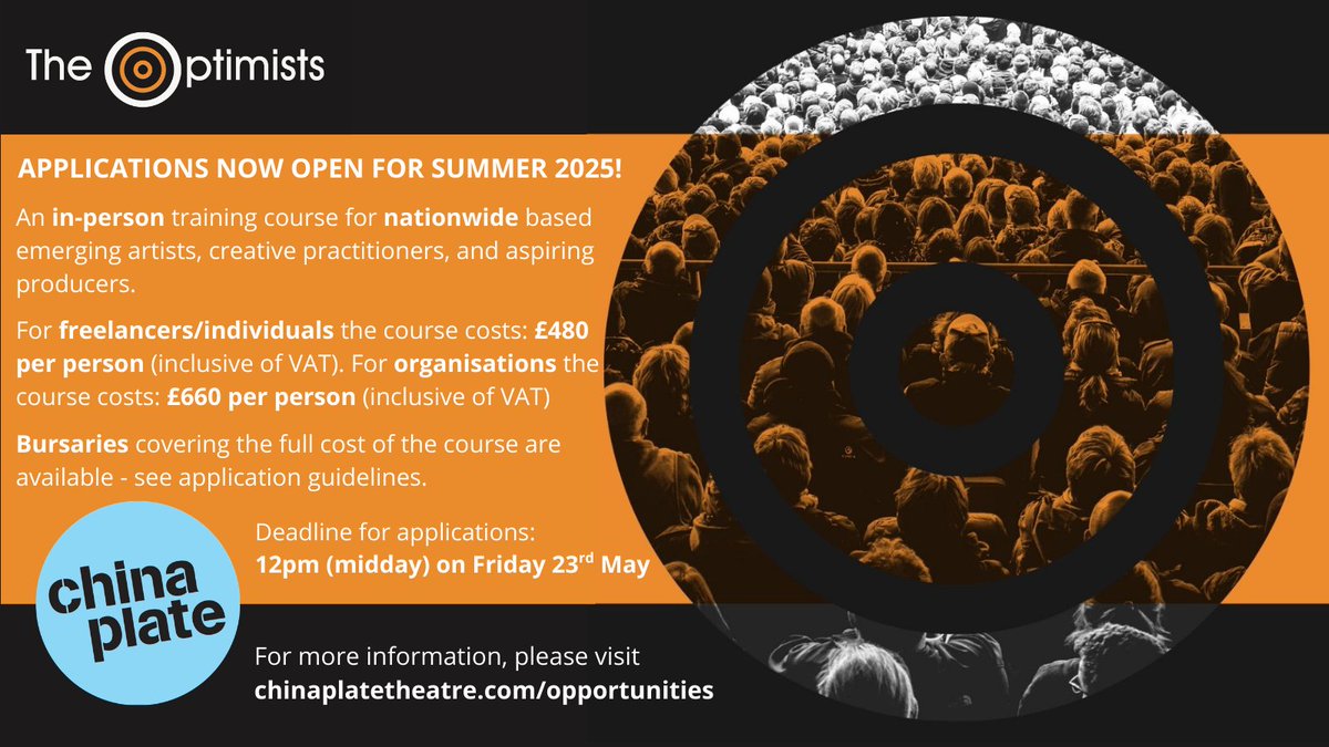 Midlands Arts Centre (MAC) (@mac_birmingham) on Twitter photo Join our friends at <a href="/YourOldChina/">China Plate</a> for The Optimists 2025. The course offers an introduction to producing in a professional context, supports early-career creatives to build networks and demystifies producing.
More information: chinaplatetheatre.com/opportunities Join our friends at <a href="/YourOldChina/">China Plate</a> for The Optimists 2025. The course offers an introduction to producing in a professional context, supports early-career creatives to build networks and demystifies producing.
More information: chinaplatetheatre.com/opportunities