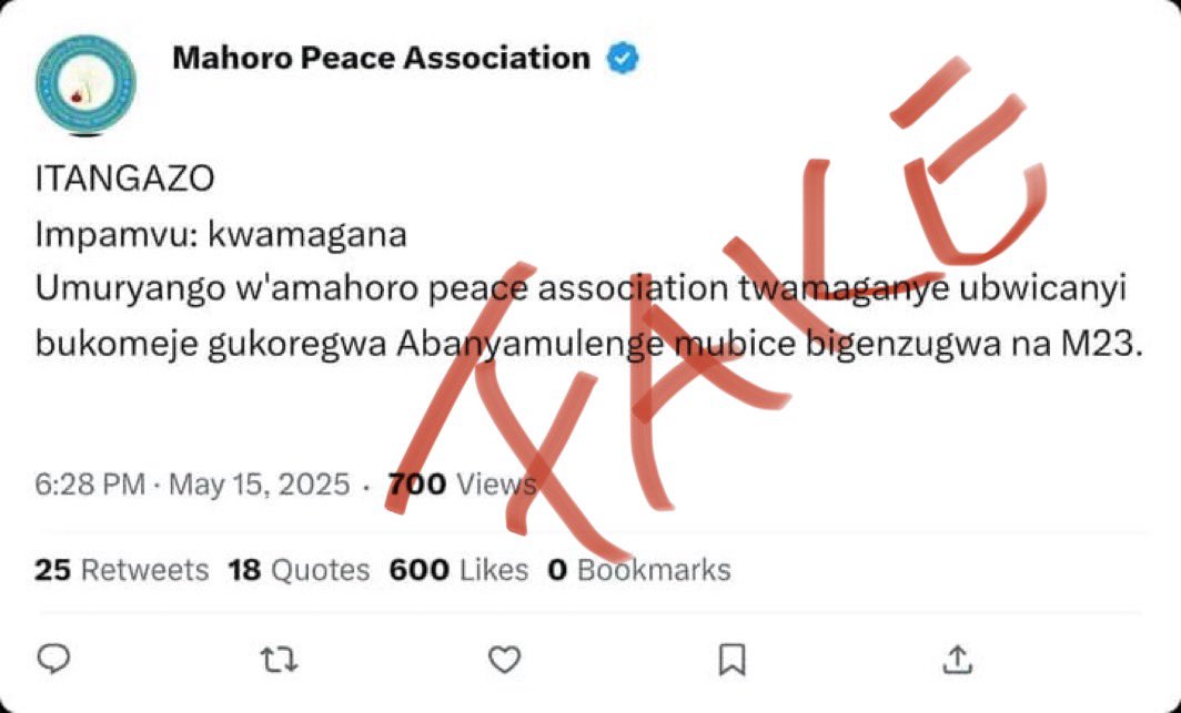 Umuryango wa Mahoro Peace Association ( MPA) urabeshyuza Ubutumwa bwanditswe ninkozi z’ibibi,biyitirira urubuga rwayo rwa X( Tweeter). 

Turi mu ntambara y’ubuvugizi ku bwicanyi dukorerwa na L’état ya Congo nabo bafatanyije, abanzi b’ubwoko bahisemo gukoresha igisa n’urubuga rwa