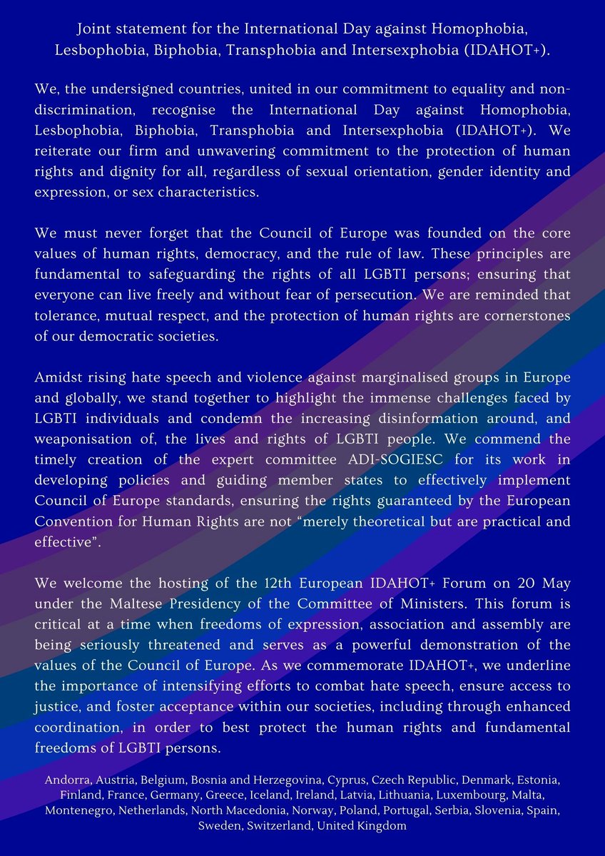 Ireland at the Council of Europe (@irishrepcoe) on Twitter photo On May 17 we will mark the International Day against Homophobia, Biphobia, Transphobia and Intersexphobia #IDAHOBIT 🏳️🌈
🇮🇪 IE joins in with other <a href="/coe/">Council of Europe</a> 🇪🇺 member states to raise awareness of discrimination and violence faced by the LGBTI communities. See⬇️
#EqualSafeFree On May 17 we will mark the International Day against Homophobia, Biphobia, Transphobia and Intersexphobia #IDAHOBIT 🏳️🌈
🇮🇪 IE joins in with other <a href="/coe/">Council of Europe</a> 🇪🇺 member states to raise awareness of discrimination and violence faced by the LGBTI communities. See⬇️
#EqualSafeFree