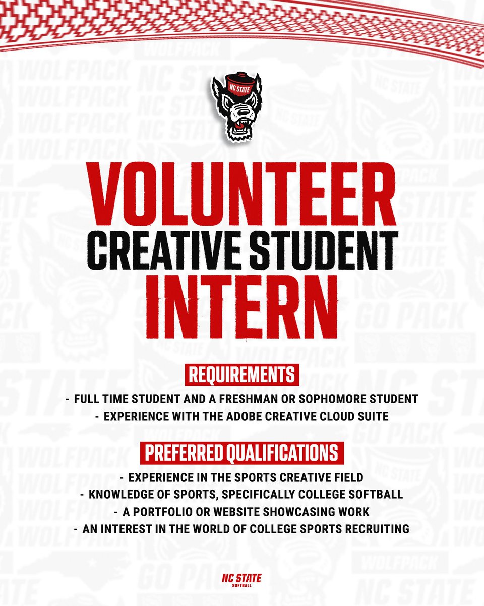 NC State Softball (@packsoftball) on Twitter photo NC State students, we're looking for a volunteer creative student intern!
Email @chshaner@ncsu.edu if interested with your portfolio. NC State students, we're looking for a volunteer creative student intern!
Email @chshaner@ncsu.edu if interested with your portfolio.