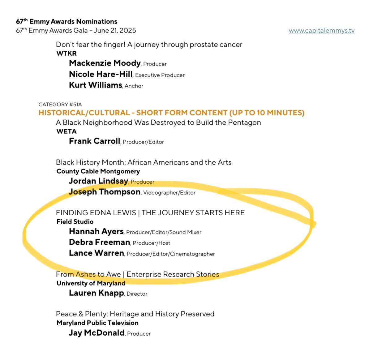 THRILLED to announce that Finding Edna Lewis is Emmy nominated! Thanks to @fieldstudiofilms, <a href="/vpm/">VPM</a>, <a href="/akabradford/">pedro</a> and the other crew members, and the amazing chefs/historians who are a part of this incredible film. And thank you to everyone who watched this-it means the world.