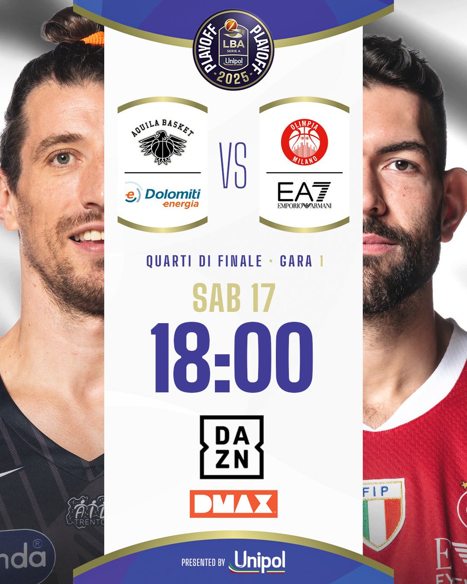 Lega Basket Serie A (@legabasketa) on Twitter photo <a href="/AquilaBasketTN/">Dolomiti Energia Trento</a> π <a href="/OlimpiaMI1936/">Olimpia Milano</a>
π Quarti di finale - Gara-1
π #LBAPlayoff <a href="/UnipolCorporate/">Unipol Corporate</a> 2025
Per i biglietti π shorturl.at/QRvn7
#TuttoUnAltroSport <a href="/AquilaBasketTN/">Dolomiti Energia Trento</a> π <a href="/OlimpiaMI1936/">Olimpia Milano</a>
π Quarti di finale - Gara-1
π #LBAPlayoff <a href="/UnipolCorporate/">Unipol Corporate</a> 2025
Per i biglietti π shorturl.at/QRvn7
#TuttoUnAltroSport