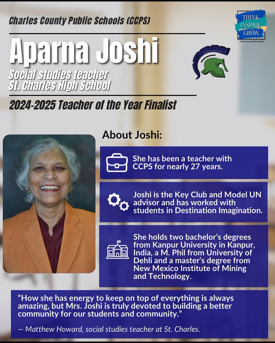 CCPS's tweet photo. Congratulations to Aparna Joshi, social studies teacher at St. Charles High School, for being named a finalist for the Charles County Public Schools (CCPS) Teacher of the Year award. Visit https://t.co/hjLhVxxOGh for more. 🎉 https://t.co/55mZ7edYlF