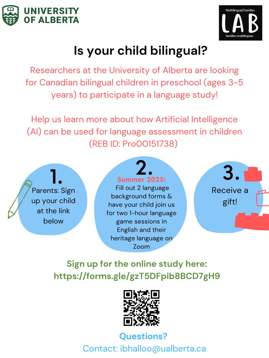 Insiya Bhalloo, PhD (@insiyabhalloo) on Twitter photo Is your child bilingual? 🧒🏽👧🏾
Help researchers at the University of Alberta better understand how Artificial Intelligence (AI) can be used to support language assessment in our online study (REB ID: Pro00151738).
🖥️Sign up: forms.gle/gzT5DFpib8BCD7…
<a href="/MultilingFamLab/">Andrea MacLeod</a> <a href="/AAN_MacLeod/">Andrea MacLeod</a> Is your child bilingual? 🧒🏽👧🏾
Help researchers at the University of Alberta better understand how Artificial Intelligence (AI) can be used to support language assessment in our online study (REB ID: Pro00151738).
🖥️Sign up: forms.gle/gzT5DFpib8BCD7…
<a href="/MultilingFamLab/">Andrea MacLeod</a> <a href="/AAN_MacLeod/">Andrea MacLeod</a>