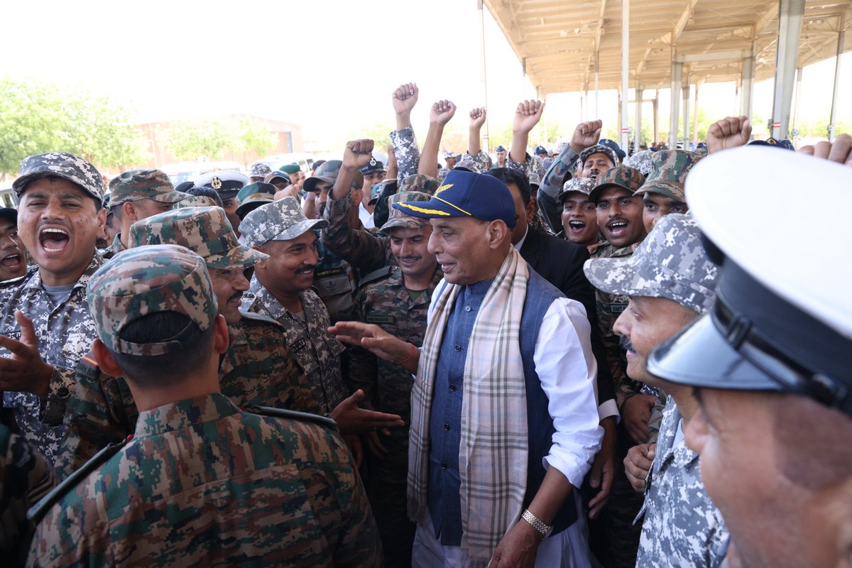 rajnathsingh's tweet photo. Visited the Bhuj Air Force Station in Gujarat today and interacted with our brave Air Warriors and soldiers from Armed Forces. 

Their selfless service and resolute determination reaffirm our confidence in their capabilities. Our Armed Forces stand ready to thwart any adversary, safeguarding our nation with valour.

https://t.co/4ditnXrmyM