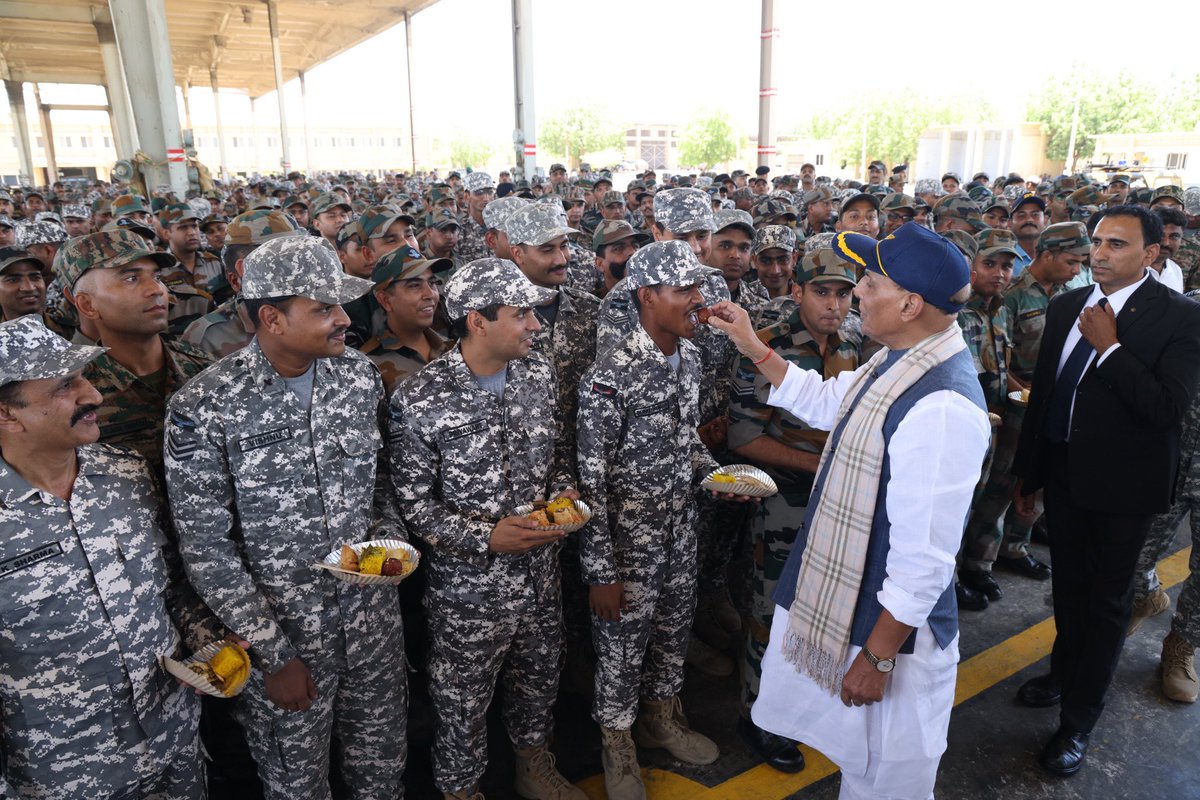 rajnathsingh's tweet photo. Visited the Bhuj Air Force Station in Gujarat today and interacted with our brave Air Warriors and soldiers from Armed Forces. 

Their selfless service and resolute determination reaffirm our confidence in their capabilities. Our Armed Forces stand ready to thwart any adversary, safeguarding our nation with valour.

https://t.co/4ditnXrmyM