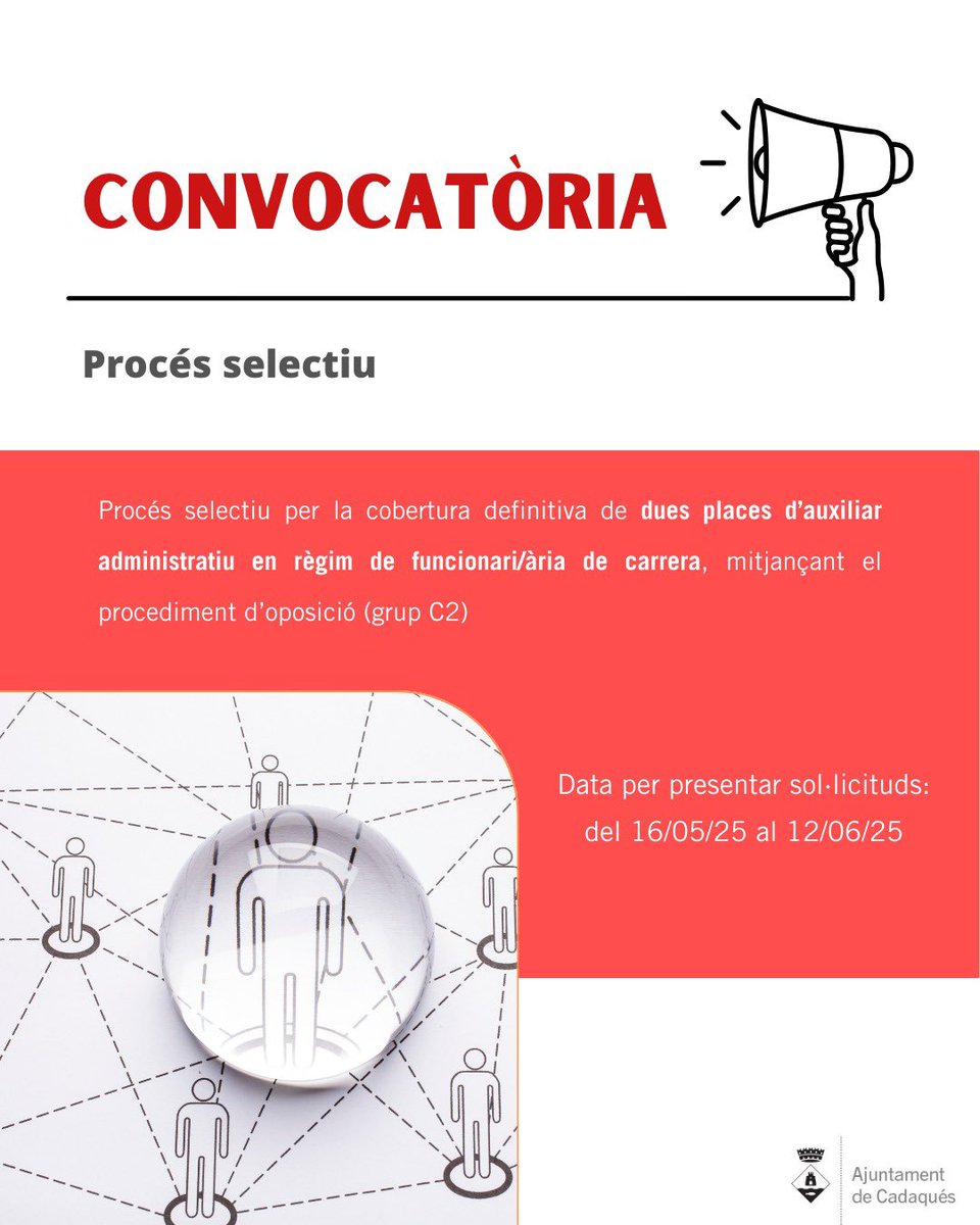 💼 Procés selectiu per la cobertura definitiva de dues places d’auxiliar administratiu, en règim de funcionari/ària de carrera, mitjançant es procediment d’oposició (grup C2). 

ℹ️ Informació: cadaques.cat/lajuntament/of… 

#aCadaqués #procésselectiu #borsadetreball