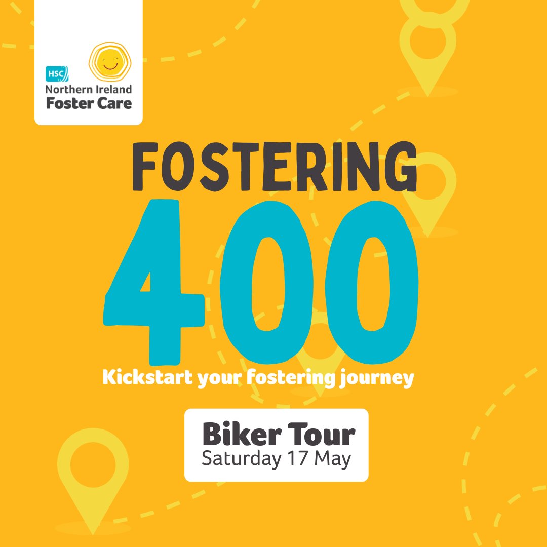 TOMORROW - FOSTERING 400 BIKER TOUR 
A team of bikers (some of whom are foster carers) will tour around NI highlighting the need for 400 more fostering families to offer safe foster homes.
adoptionandfostercare.hscni.net/biker-tour-rou…

<a href="/BelfastTrust/">Belfast Trust</a> <a href="/NHSCTrust/">Northern Trust</a> <a href="/setrust/">South Eastern Trust</a> <a href="/SouthernHSCT/">Southern Trust</a>  <a href="/WesternHSCTrust/">Western Trust</a>