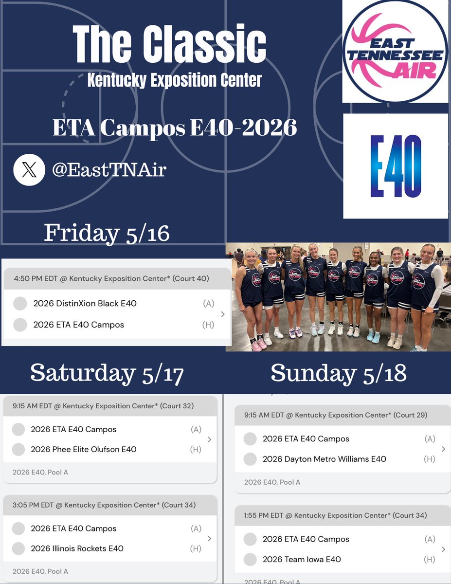 Allie Gillies (@alliegillies11) on Twitter photo Here’s our schedule for this weekend! Can’t wait!!
<a href="/EastTNAir/">East TN Air (Campos)</a>
<a href="/LadyCavsBball1/">Lady Cavs Basketball</a> Here’s our schedule for this weekend! Can’t wait!!
<a href="/EastTNAir/">East TN Air (Campos)</a>
<a href="/LadyCavsBball1/">Lady Cavs Basketball</a>