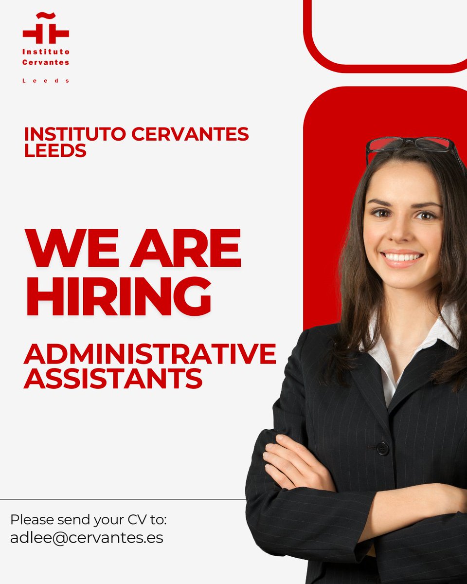 Instituto Cervantes Leeds (@ic_leeds) on Twitter photo We are hiring!
We are looking for administrative assistants who have experience working as a receptionist as well as an advanced understanding of both English and Spanish.
Email your CVs to: adlee@cervantes.es
#jobs #jobsearch #jobseeker #jobshiring #Spanish #Leeds We are hiring!
We are looking for administrative assistants who have experience working as a receptionist as well as an advanced understanding of both English and Spanish.
Email your CVs to: adlee@cervantes.es
#jobs #jobsearch #jobseeker #jobshiring #Spanish #Leeds