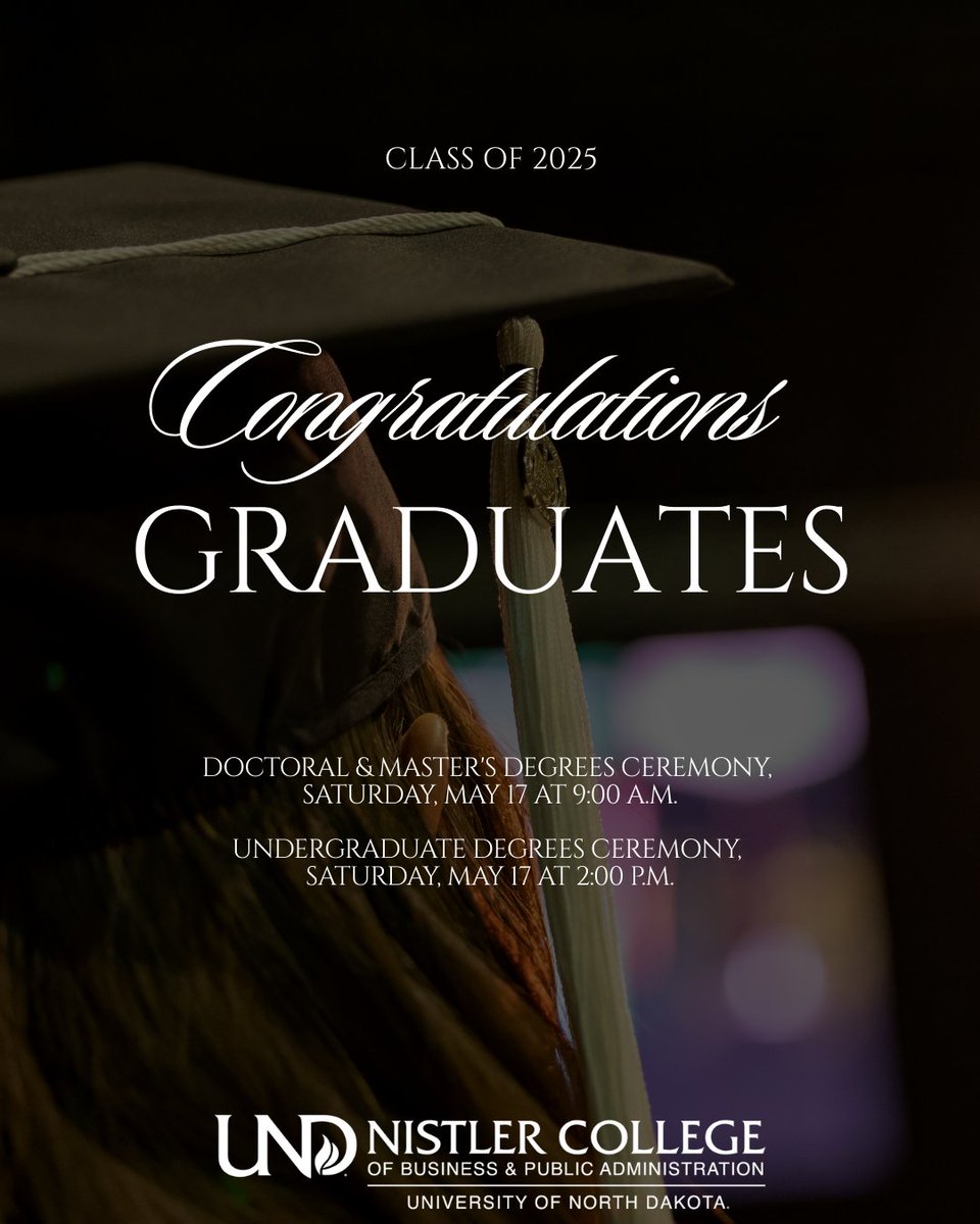 Congratulations to the newest Nistler College of Business and Public Administration graduates! Your hard work, leadership, and ambition have shaped our community and will help shape the future!. Welcome to the alumni family! 🎓 

#UNDbiz #UNDproud #Classof2025