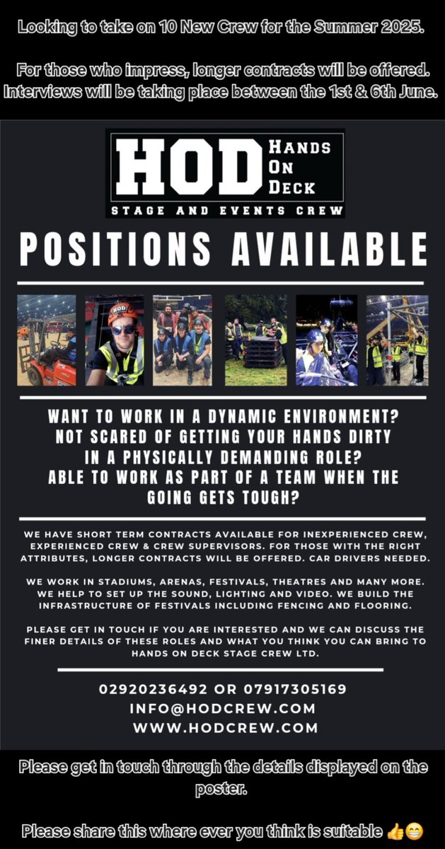 Looking to take on 10 New Crew for the Summer.

Interviews between the 1st &amp; 6th June.

Please share 👍