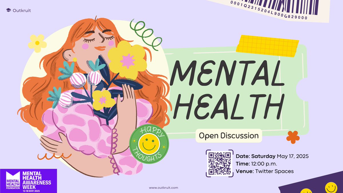 outkruit's tweet photo. Its mental health awareness week and we’re hosting an open discussion on mental health! ☀️

Discuss and talk about life, stress, work liffe balance, exercising, emotions and all things mental health with peers! 

Join via https://t.co/AoB2uw04Z6  or scan the QR code and see you🎙️ https://t.co/rIuIkx1oHk