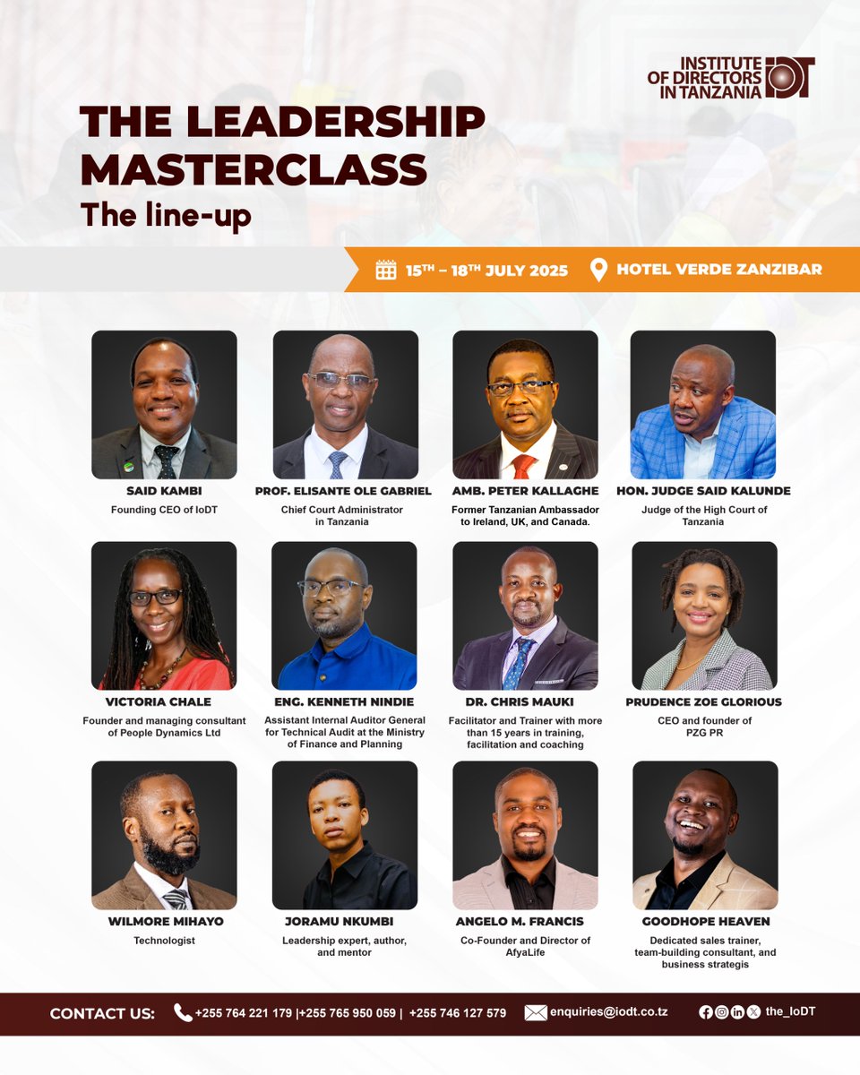 We are proud to unveil the distinguished lineup of thought leaders, industry experts, and transformational coaches who will be facilitating the IoDT Leadership Masterclass in July 2025. 📅 Dates: 14th – 18th July 2025. 

Secure your seat today:

📞 0765 950 059 | 0764 221 179 |