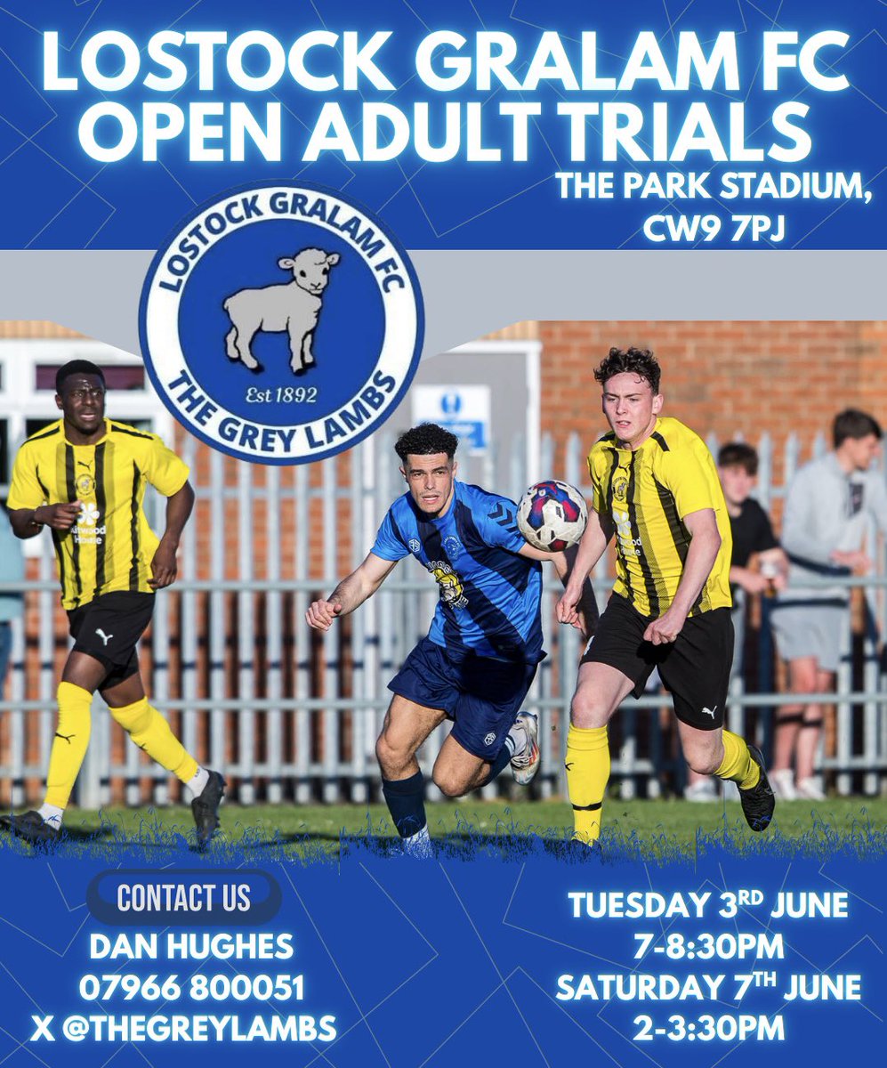 Thinking about next season? As we plan for another season in the Cheshire Premier division we’re looking to recruit. Come down to our open trials, Tuesday 3rd June and Saturday 7th June.⚽️🐑

For all enquiries dm us or message Dan Hughes 07966 800051

#TheGreyLambs