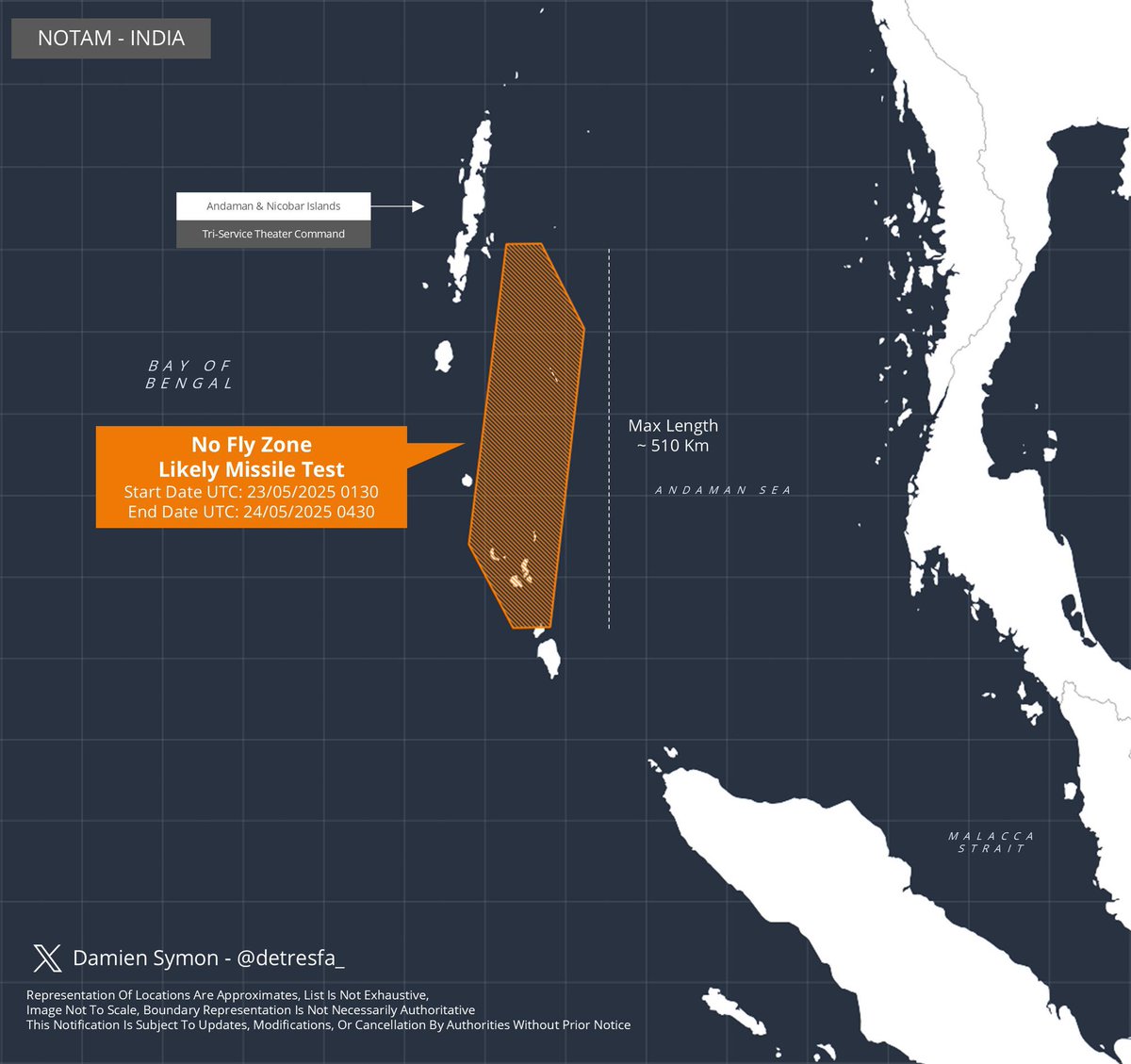 RakshaSamachar's tweet image. 🚨 India issues NOTAM near Andaman &amp;amp; Nicobar Islands
Missile test likely on 23–24 May 2025.
Naval &amp;amp; strategic observers on alert.
🇮🇳 Another step in India’s growing missile readiness.
#IndiaMissileTest #AndamanNicobar #StrategicForces #NOTAM #DefenceUpdate #BreakingNews