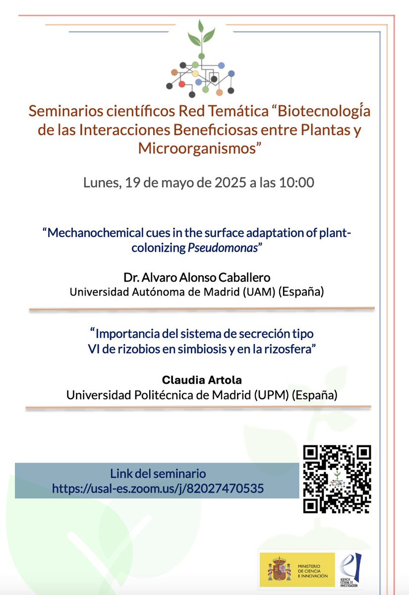 SEFIN_esp's tweet photo. El próximo lunes tiene lugar el séptimo webinario de la serie de charlas científicas de la @redplantmicro en interacciones beneficiosas planta-microorganismo. Presentarán sus proyectos Alvaro Alsonso @UAM_Madrid y Claudia Artola @CBGP_Madrid  @La_UPM. ¡Os esperamos! ⏰10am online https://t.co/anBhteqOVt