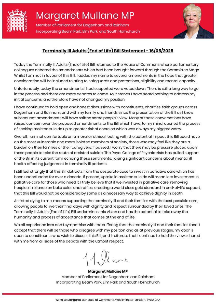 My statement following today’s debate on the Terminally Ill Adults (End of Life) Bill. 👇