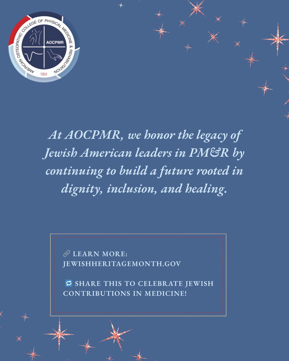 May is Jewish American Heritage Month, a time to honor the contributions of leaders like Dr. Howard Rusk and Judith Heumann, who’ve shaped the way we restore function, dignity, &amp; autonomy.

 At AOCPMR, we celebrate a legacy of resilience and inclusive care in every rehab setting.