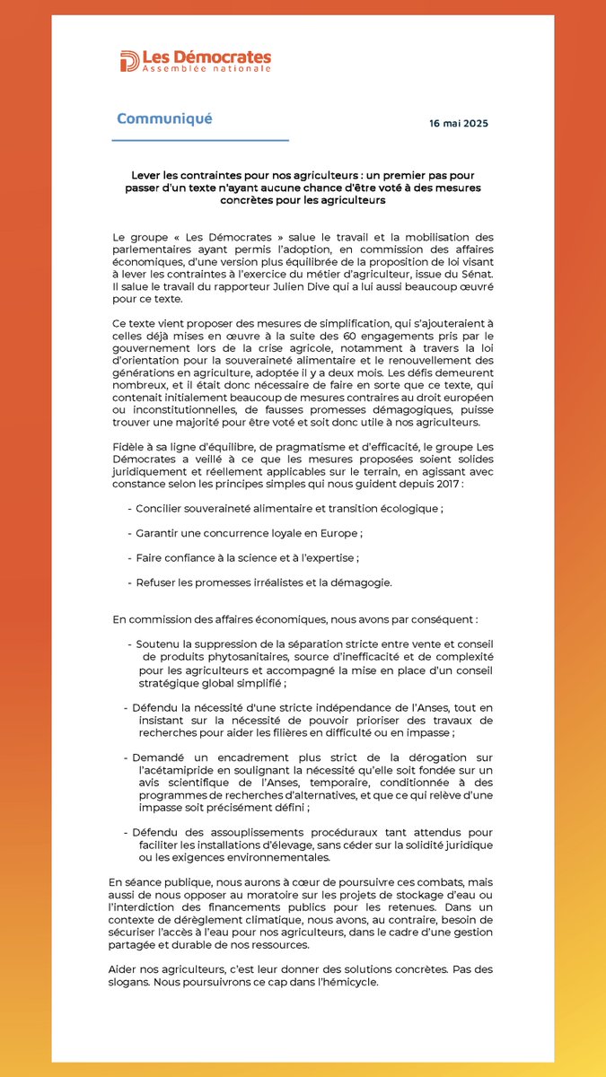 Lever les contraintes pour nos agriculteurs : un premier pas pour passer d'un texte n'ayant aucune chance d'être voté à des mesures concrètes pour les agriculteurs

Le groupe « Les Démocrates » salue le travail et la mobilisation des parlementaires ayant permis l’adoption, en