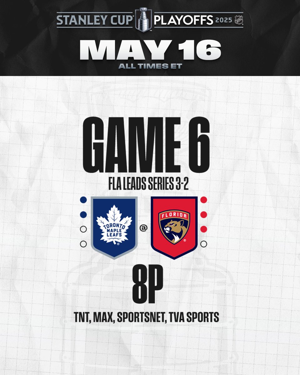 NHL (@nhl) on Twitter photo The Panthers can complete the comeback tonight to move on to the Eastern Conference Final for the third consecutive season. 👀 #StanleyCup
📺: <a href="/MapleLeafs/">Toronto Maple Leafs</a> vs. <a href="/FlaPanthers/">x - Florida Panthers</a> Game 6 TONIGHT at 8p ET on <a href="/NHL_On_TNT/">NHLonTNT</a>, <a href="/SportsonMax/">Sports on Max</a>, <a href="/Sportsnet/">Sportsnet</a>, and <a href="/TVASports/">TVA Sports</a> The Panthers can complete the comeback tonight to move on to the Eastern Conference Final for the third consecutive season. 👀 #StanleyCup
📺: <a href="/MapleLeafs/">Toronto Maple Leafs</a> vs. <a href="/FlaPanthers/">x - Florida Panthers</a> Game 6 TONIGHT at 8p ET on <a href="/NHL_On_TNT/">NHLonTNT</a>, <a href="/SportsonMax/">Sports on Max</a>, <a href="/Sportsnet/">Sportsnet</a>, and <a href="/TVASports/">TVA Sports</a>