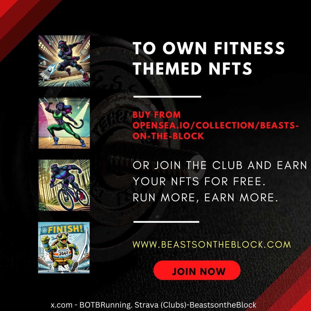 BOTBRunning's tweet image. My virtual running club is to promote running and reward NFTs to runners. Join at level 1 as sloth bear , level 2 is tortoise upto level 10 cheetah. Every runner can conquer these beasts to become an elite beast. As elite beasts complete 12 runs and earn "season finisher" NFT.