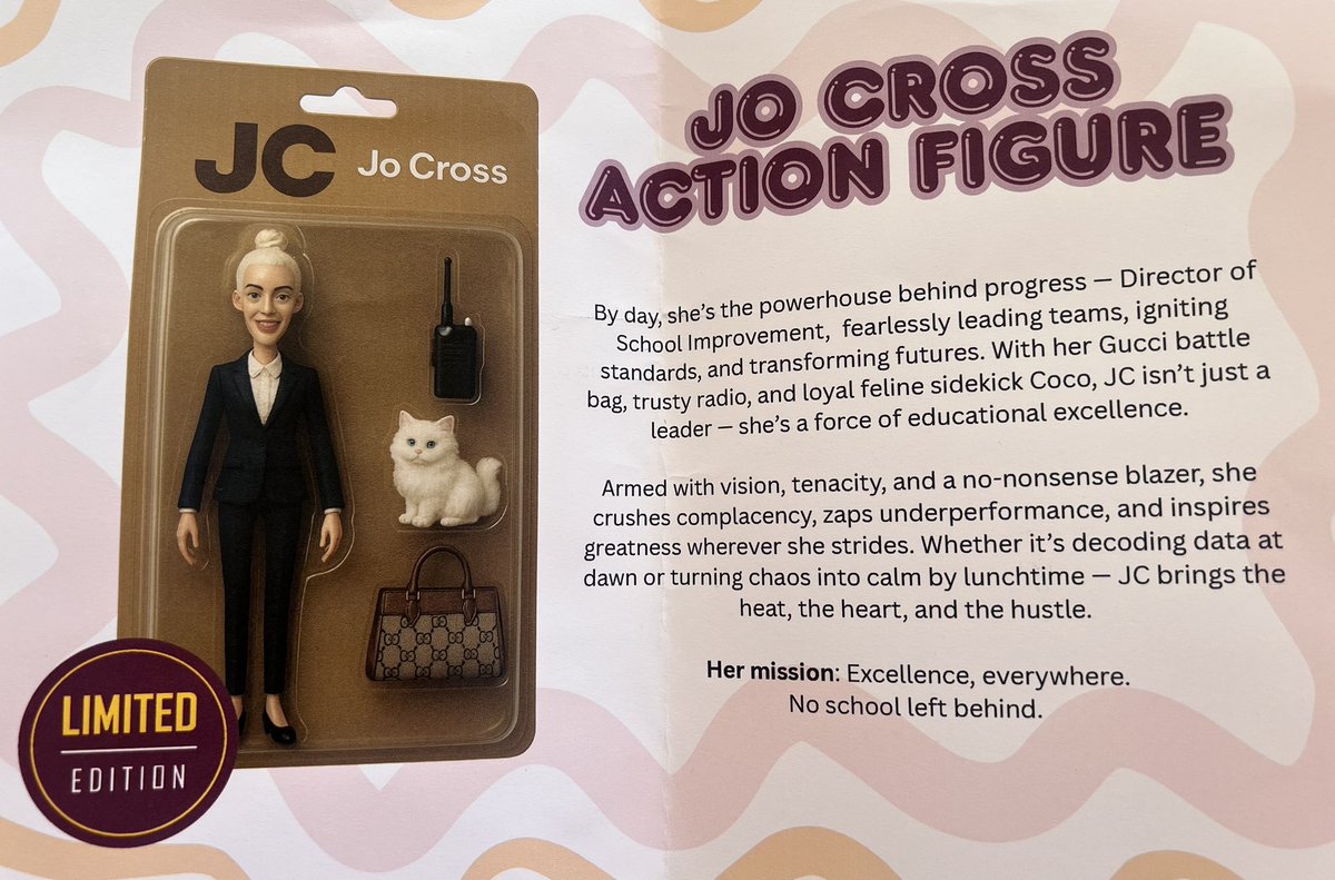 JoCrossBrunyee's tweet photo. Feels fitting to look back on this tweet from when I left @PATCarletonHigh for a trust-wide role. Today’s my last day @PontefractAT after 7 yrs!A privilege to lead school improvement—thanks for the memories, ❤️ & gifts. My action figure says it all. #SigningOffInStyle #EndOfAnEra https://t.co/SODzmhd40s
