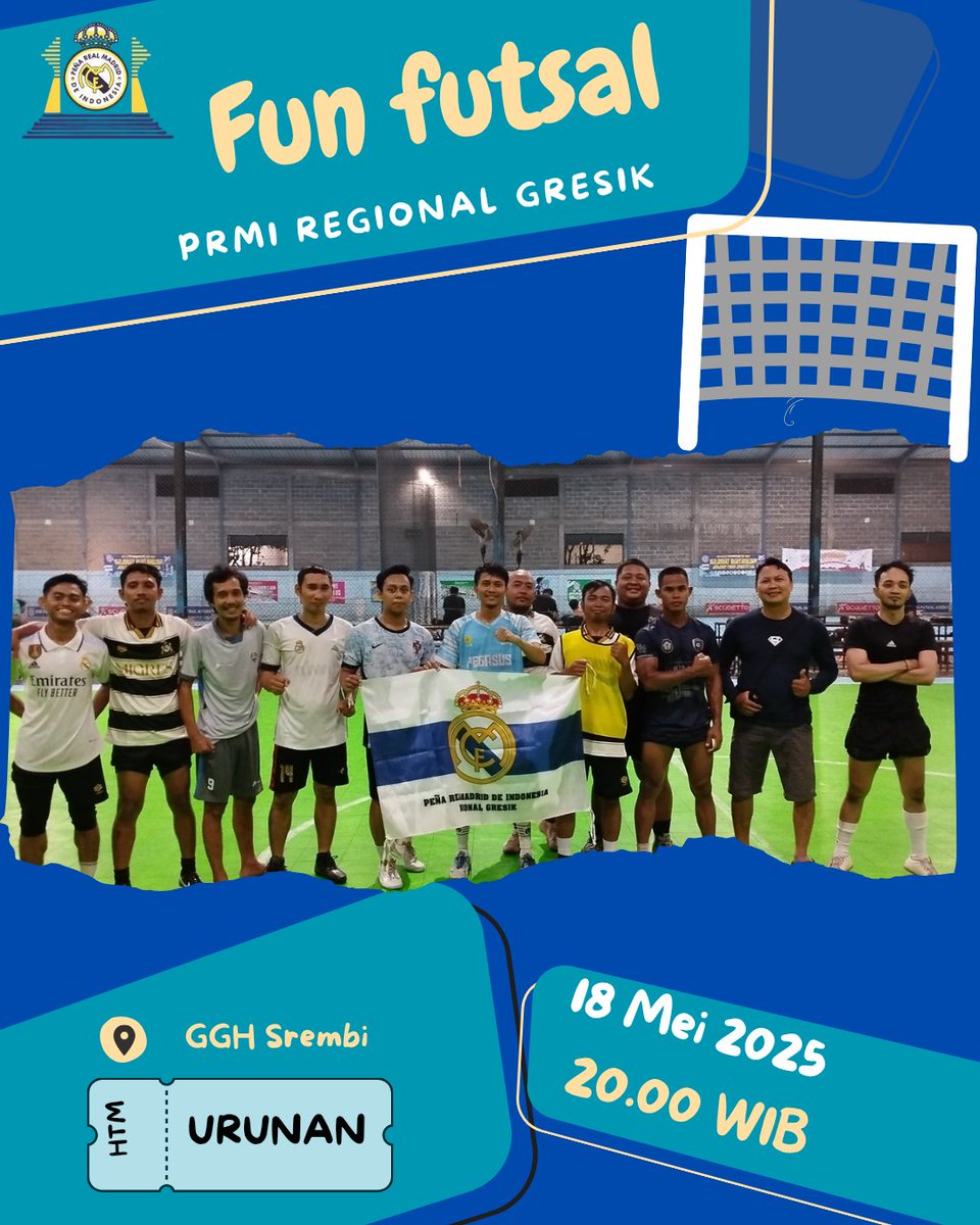FUN FUTSAL Bareng PENA REAL MADRID INDONESIA REGIONAL GRESIK⚪️

🏟️ GGH SEREMBI
📅 MINGGU, 18 MEI  2025
🕐 KICK OFF 20.00 - 22.00
💵  20k
👚: Real Madrid / MIGRES 

Somos Una Grand Familia Migres 
Vamos PRMI
#prmigresik #agendaprmi #prmi #madridindo #madridgresik #migres