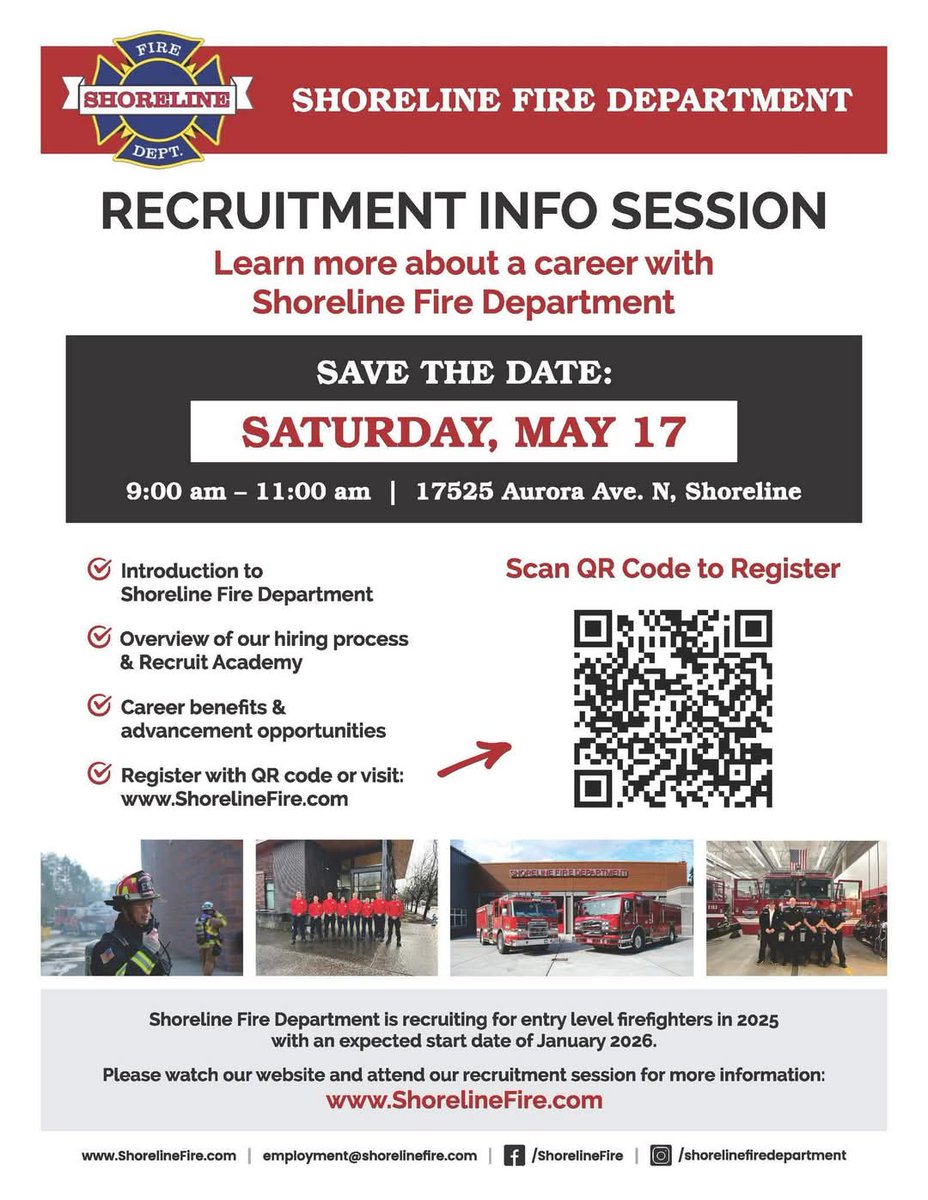 👨‍🚒 Join us on tomorrow, May 17 from 9am - 11am for the Shoreline Fire Department Recruitment Open House and learn how you can become part of our team.  📲 Scan the QR code or visit ShorelineFire.com to register. 
#ShorelineFire #JoinOurTeam