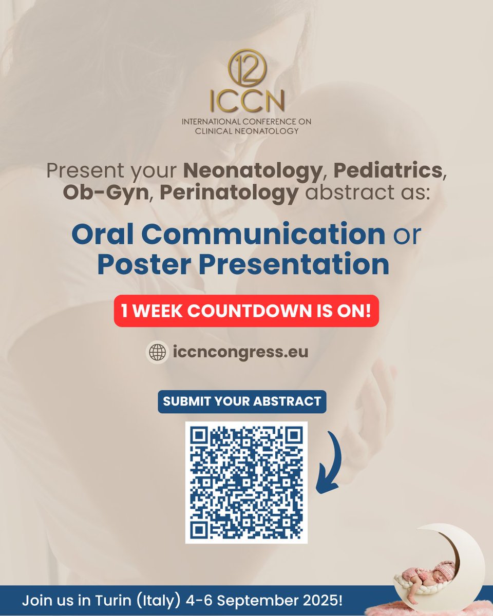 ICCN_Congress's tweet image. 1 week left to submit your #Neonatology, #Pediatrics, #Perinatology, #obgyn research for Oral or Poster presentation at #ICCN2025.
Submit before 31st May✅: bit.ly/ICCN-ABSTRACT
Register to the congress 👉: bit.ly/ICCN-REGISTRAT…
@NeonatologiaMex