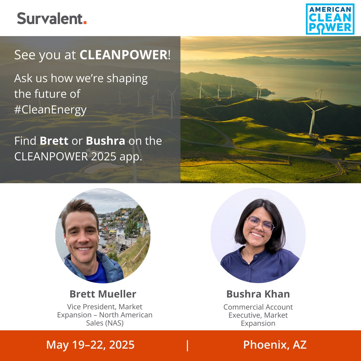 2 days to go for <a href="/USCleanPower/">American Clean Power (ACP)</a>’s #CLEANPOWER25! Meet us on Monday to explore how Survalent can help you optimize energy production &amp; reduce asset downtime with real-time monitoring, control &amp; performance analytics. Find Brett Mueller or Bushra Khan on the CLEANPOWER 2025 app.