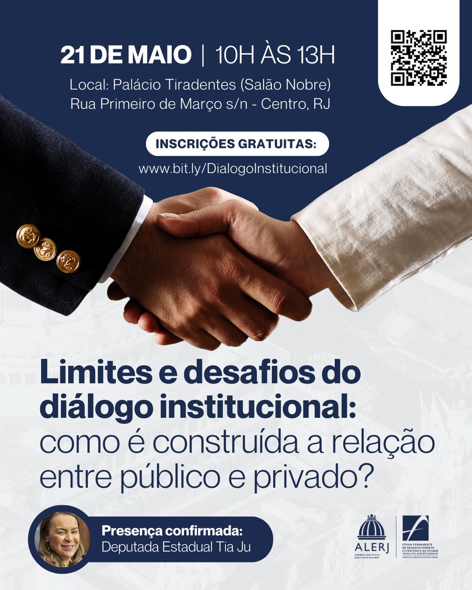 📆 O Fórum da Alerj realizará no dia 21 de maio, às 10h, um debate presencial sobre os limites e desafios do diálogo institucional e a construção da relação entre o setor público e privado.

🚨 O evento é gratuito!
Inscrições em: bit.ly/DialogoInstitu…