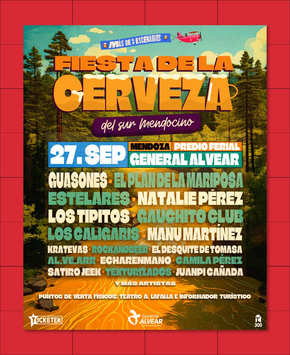 FIESTA DE LA CERVEZA 💥

El sábado 27 de septiembre se realizará la
Fiesta de la Cerveza en el Predio Ferial de General
Álvear.

🎫 Entradas en Ticketek

Puntos de venta:
▪️Teatro Antonio Lafalla - Mie a dom de 8
a 13 - 18 a 21
▪️Informador Turístico - Lun a lun de 8 a 19
