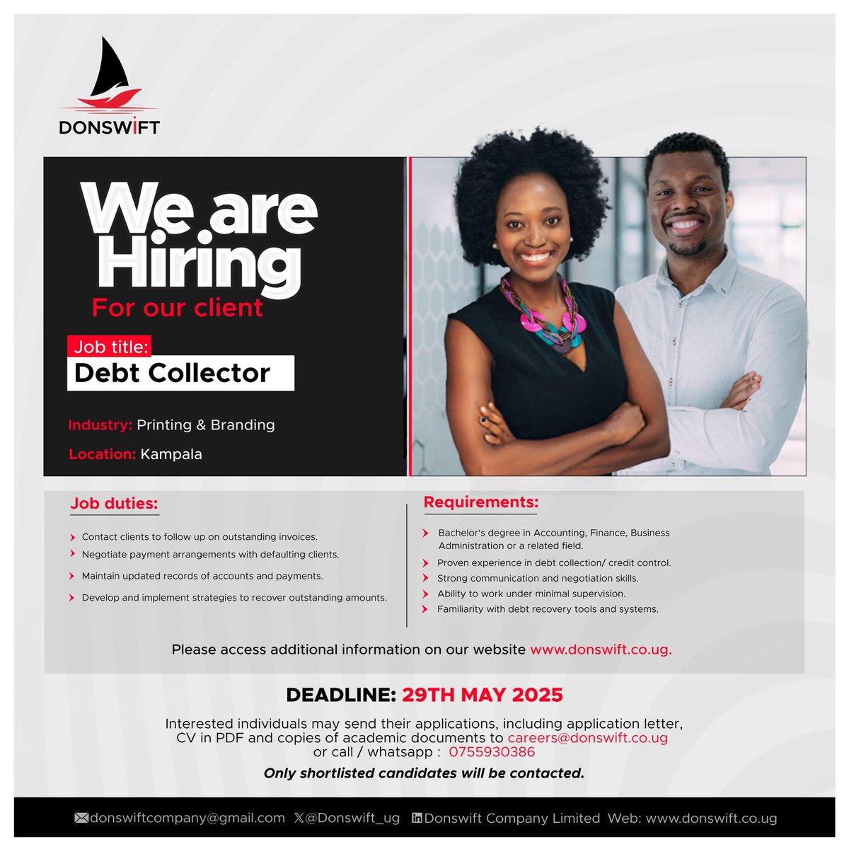 Donswift Company Ltd (@donswift_ug) on Twitter photo Hiring,
If you’re great at follow-ups, negotiations, and recovery strategies this role is for you!
Apply Now : careers@donswift.co.ug
Deadline: 29th May 2025
For more Info:donswift.co.ug/jobs/debt-coll…
#Hiring #KampalaJobs #DebtCollector #FinanceJobs Hiring,
If you’re great at follow-ups, negotiations, and recovery strategies this role is for you!
Apply Now : careers@donswift.co.ug
Deadline: 29th May 2025
For more Info:donswift.co.ug/jobs/debt-coll…
#Hiring #KampalaJobs #DebtCollector #FinanceJobs