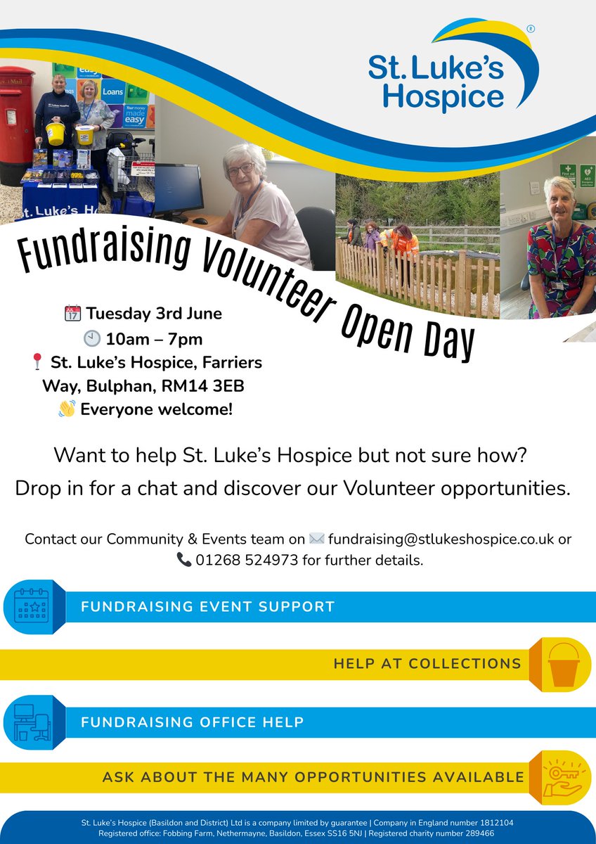 🎟️ You are invited to our Fundraising Volunteer Open Day. 

📆 Tuesday 3rd June 
🕙 10am – 7pm 
📍 St. Luke’s Hospice, Farriers Way, Bulphan, RM14 3EB 
👋 Everyone welcome! Bring a friend or come meet new ones. 

No need to register, just drop in when you can. 

#LoveStLukes 💙