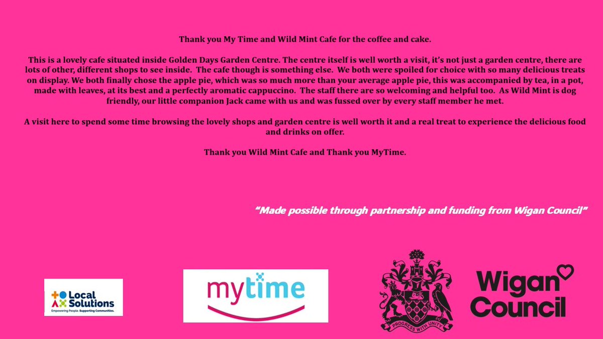 mytime_wigan (@mytimewigan) on Twitter photo Here is some lovely feedback from last months visit to @wildmintcafewigan 🍰🥰
<a href="/LocalSolutions_/">Local Solutions</a> <a href="/MytimeWigan/">mytime_wigan</a> <a href="/WiganCouncil/">Wigan Council</a>
#supportingcarers #carersupport #wigancouncil #localsolutions #mytime #unpaidcarers #LocalSolutions #cakeandcoffee #afternoontea Here is some lovely feedback from last months visit to @wildmintcafewigan 🍰🥰
<a href="/LocalSolutions_/">Local Solutions</a> <a href="/MytimeWigan/">mytime_wigan</a> <a href="/WiganCouncil/">Wigan Council</a>
#supportingcarers #carersupport #wigancouncil #localsolutions #mytime #unpaidcarers #LocalSolutions #cakeandcoffee #afternoontea