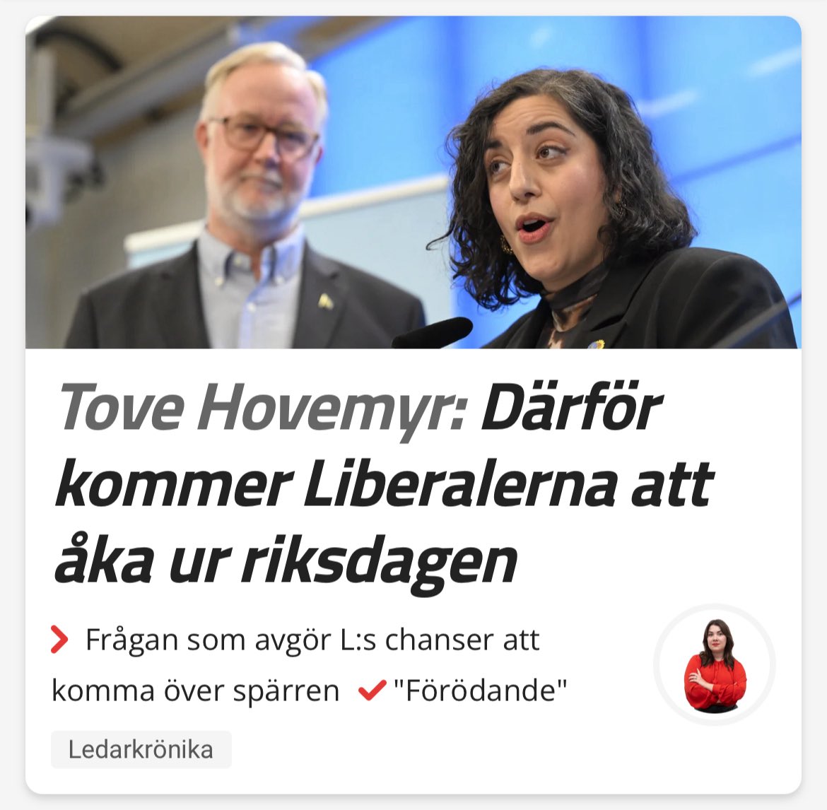 Efter gårdagens 30 minuter med L:s partisekreterare Simona Mohamsson är jag säker: 
Nu är det kört för Liberalerna.
unt.se/ledare/ledarkr…