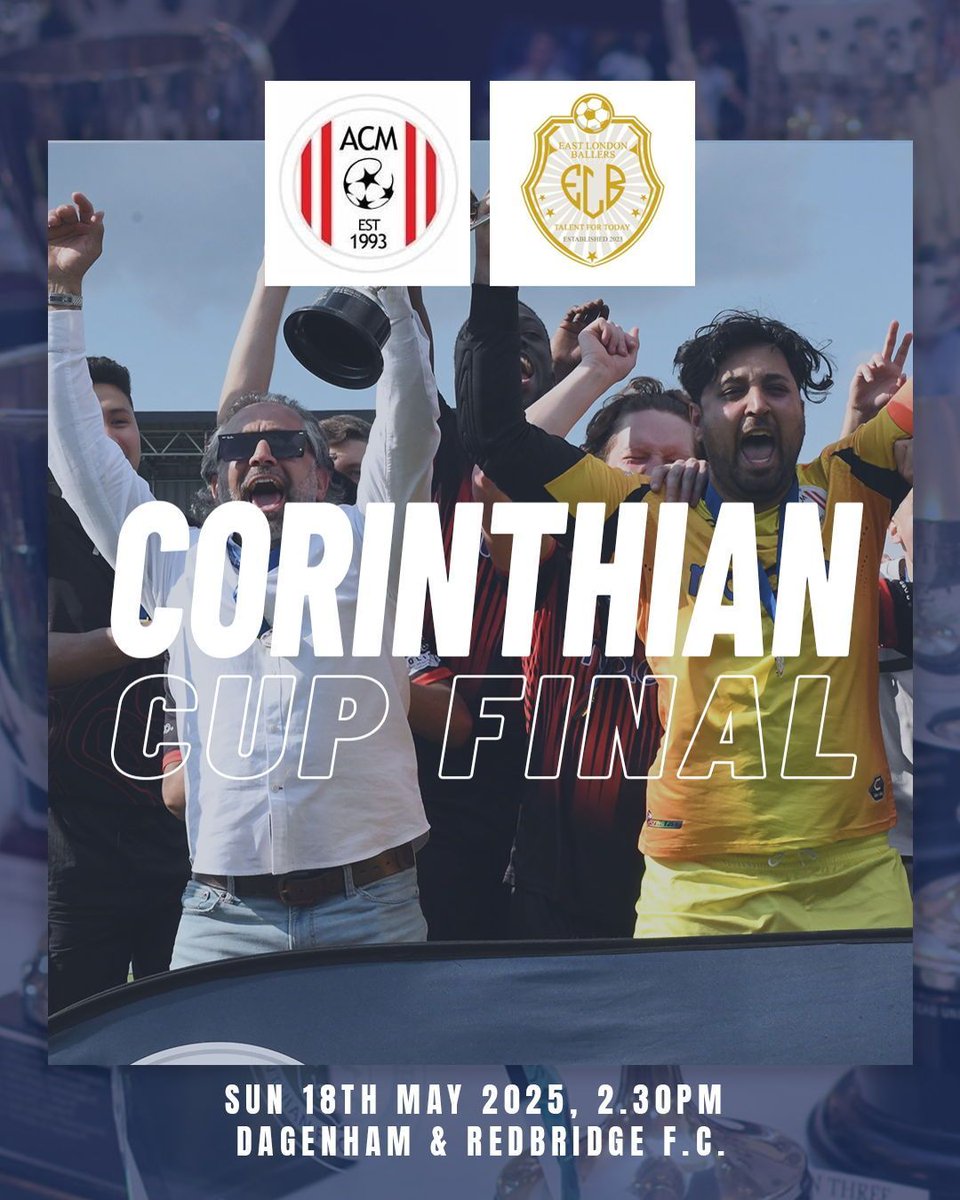 Corinthian League (@essexcorinthian) on Twitter photo ๐ง๐๐ ๐๐๐ ๐ข๐ก๐๐ฆ ๐๐
Massive cup final Sunday coming up at <a href="/Dag_RedFC/">Dagenham & Redbridge</a> where 4๏ธโฃ sides compete to lift 2๏ธโฃ trophies!
10.30am
๐ง๐ฟ๐ผ๐ฝ๐ต๐๐น๐ฎ๐ป๐ฑ ๐๐๐ฝ
<a href="/COLEBROOKROYALS/">COLEBROOK ROYALS FC</a> ๐ Manford Way
2.30pm
๐๐ผ๐ฟ๐ถ๐ป๐๐ต๐ถ๐ฎ๐ป ๐๐๐ฝ
<a href="/ACMilano_FC/">AC Milano</a> ๐ <a href="/EastLB2023/">East London Ballers</a> ๐ง๐๐ ๐๐๐ ๐ข๐ก๐๐ฆ ๐๐
Massive cup final Sunday coming up at <a href="/Dag_RedFC/">Dagenham & Redbridge</a> where 4๏ธโฃ sides compete to lift 2๏ธโฃ trophies!
10.30am
๐ง๐ฟ๐ผ๐ฝ๐ต๐๐น๐ฎ๐ป๐ฑ ๐๐๐ฝ
<a href="/COLEBROOKROYALS/">COLEBROOK ROYALS FC</a> ๐ Manford Way
2.30pm
๐๐ผ๐ฟ๐ถ๐ป๐๐ต๐ถ๐ฎ๐ป ๐๐๐ฝ
<a href="/ACMilano_FC/">AC Milano</a> ๐ <a href="/EastLB2023/">East London Ballers</a>